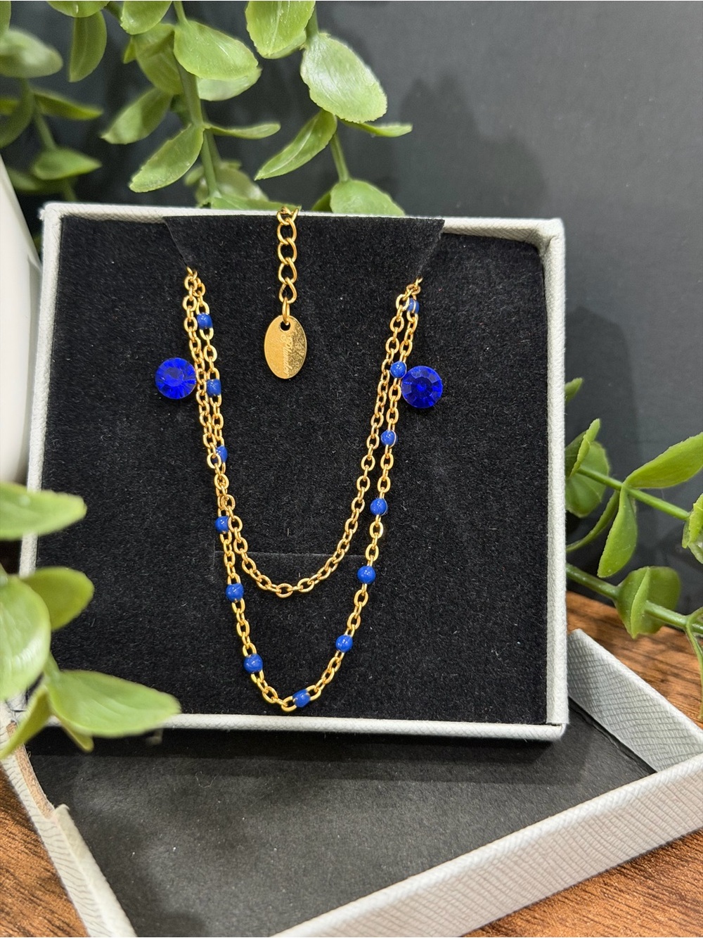 Gold Chain Necklace with Royal Blue Beads Necklace and Earrings Set/Present Box